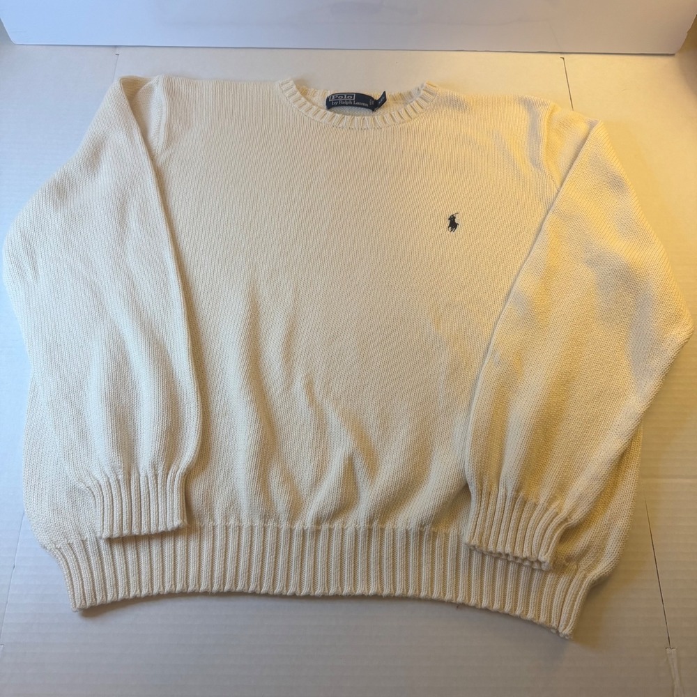 Polo Ralph Lauren Mens XXL Cream Off White 100% Cotton Crewneck Sweater Pony